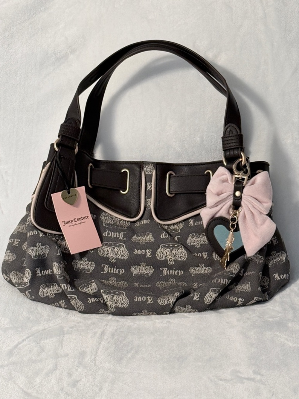 Juicy Couture Brown Sandstone Logo Fan Club Satchel with Pink Bow Charm